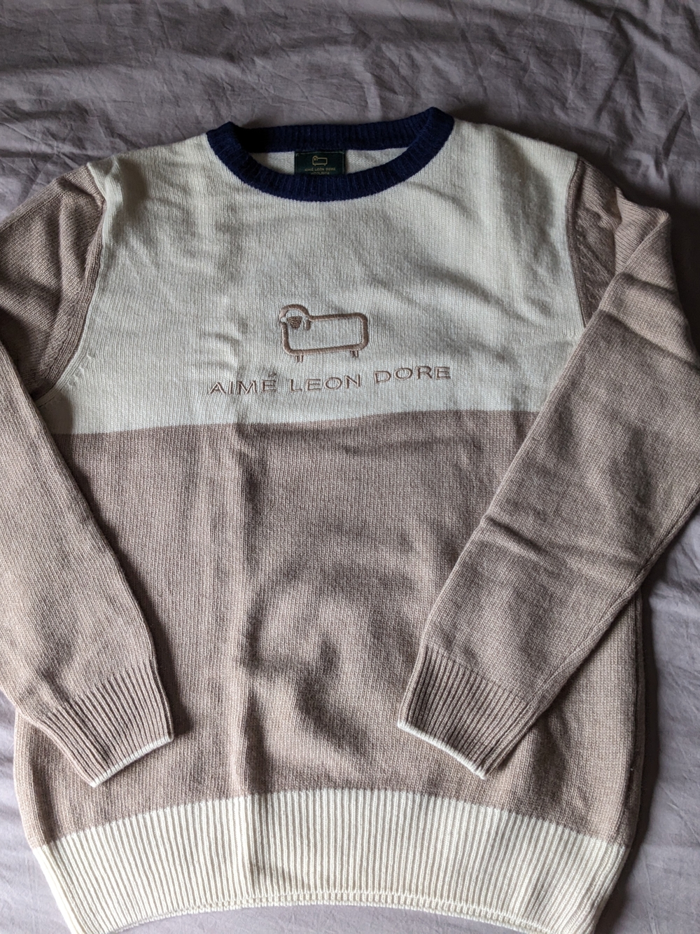 Aime Leon Dore Beige & Cream Colorblock Crewneck Sweater